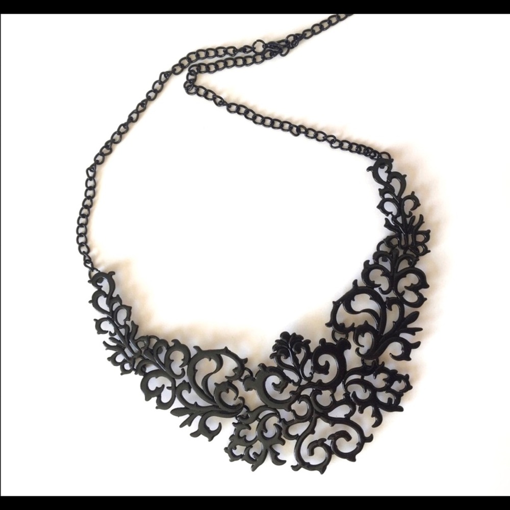 Victorian Antique Lace Metalwork Black Vines Thorns Swirling Gothic Bib Necklace